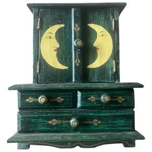 Celestial Sun & Moon Jewelry Box | Green Boho Wood Box | Witchy Decor | Vintage